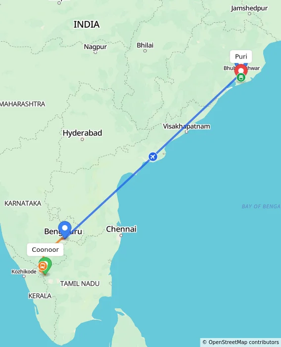Route map showing distance and travel time from Coonoor, India to Puri, India