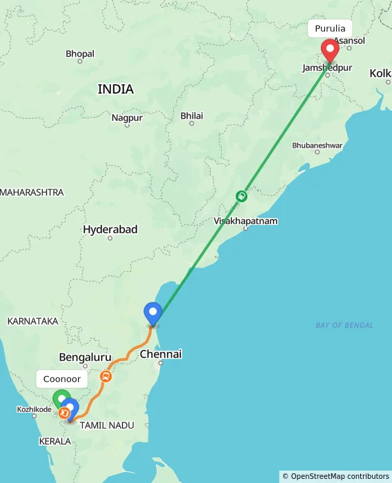 Route map showing distance and travel time from Coonoor, India to Purulia, India
