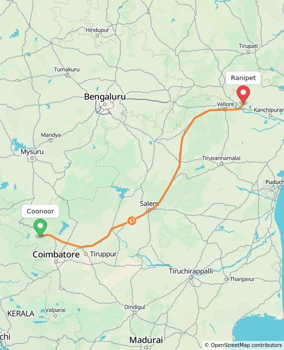Route map showing distance and travel time from Coonoor, India to Ranipet, India