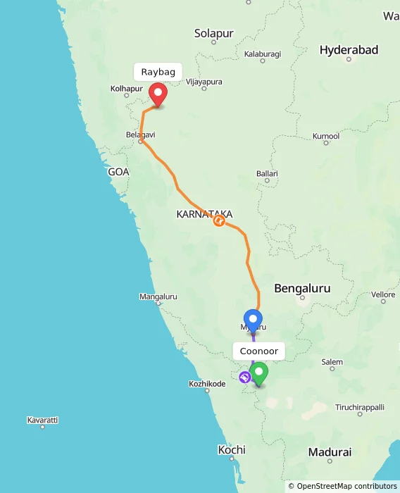Route map showing distance and travel time from Coonoor, India to Raybag, India