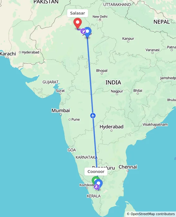 Route map showing distance and travel time from Coonoor, India to Salasar, India