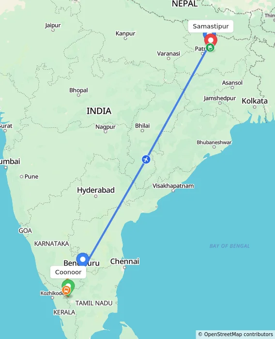 Route map showing distance and travel time from Coonoor, India to Samastipur, India