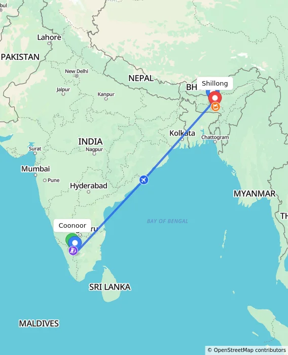 Route map showing distance and travel time from Coonoor, India to Shillong, India