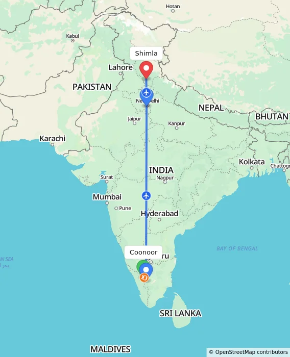 Route map showing distance and travel time from Coonoor, India to Shimla, India