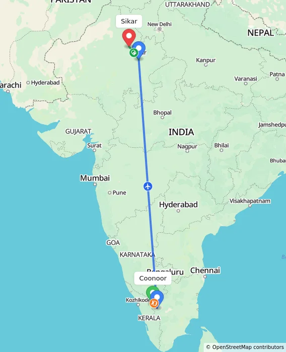 Route map showing distance and travel time from Coonoor, India to Sikar, India