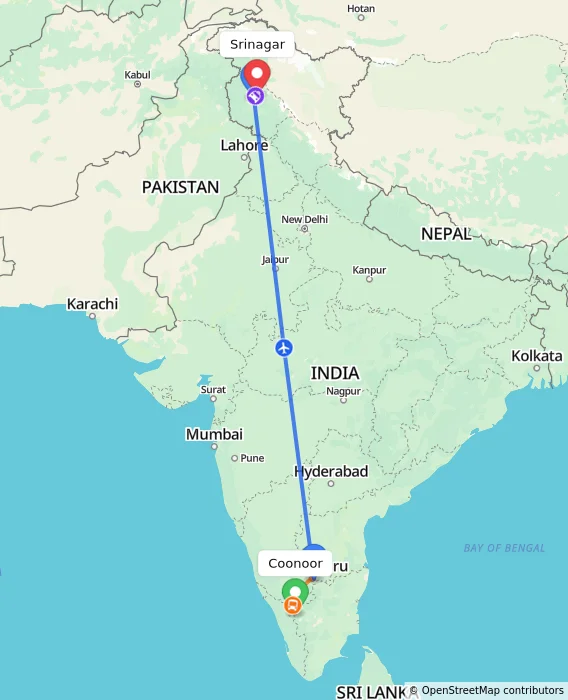 Route map showing distance and travel time from Coonoor, India to Srinagar, India