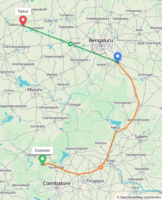 Route map showing distance and travel time from Coonoor, India to Tiptur, India