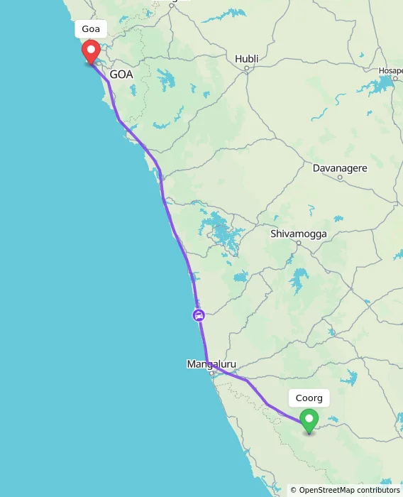 Route map showing distance and travel time from Coorg, India to Goa, India