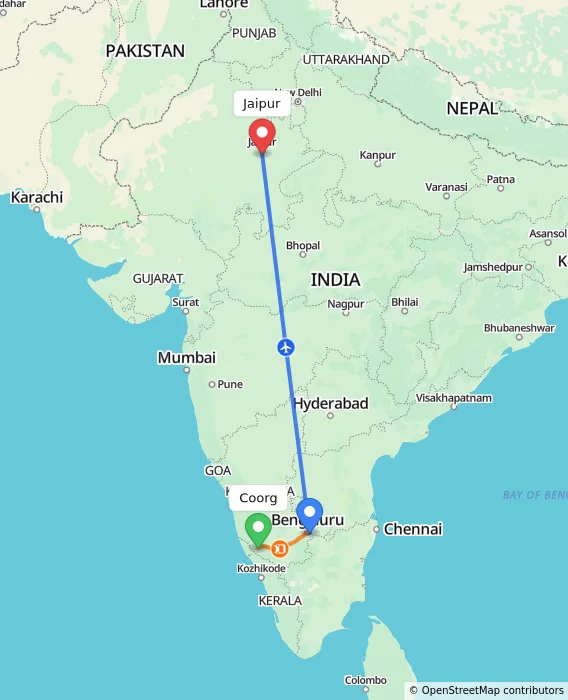 Route map showing distance and travel time from Coorg, India to Jaipur, India