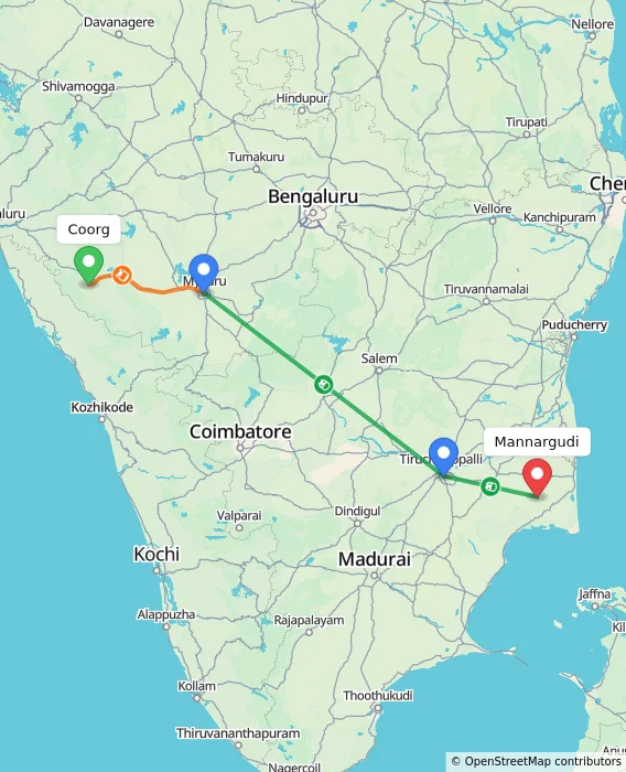 Route map showing distance and travel time from Coorg, India to Mannargudi, India