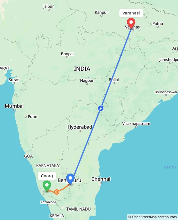 Route map showing distance and travel time from Coorg, India to Varanasi, India
