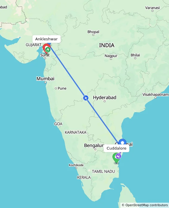 Route map showing distance and travel time from Cuddalore, India to Ankleshwar, India