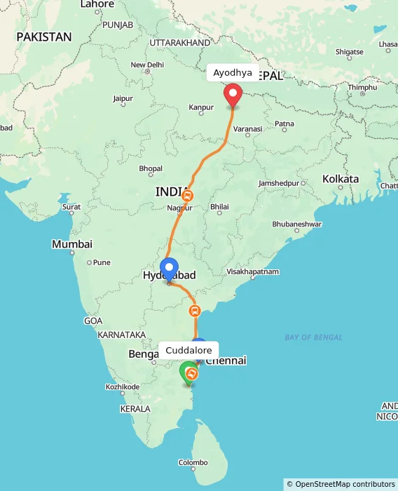 Route map showing distance and travel time from Cuddalore, India to Ayodhya, India