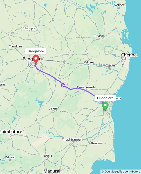 Route map showing distance and travel time from Cuddalore, India to Bangalore, India
