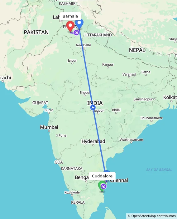 Route map showing distance and travel time from Cuddalore, India to Barnala, India
