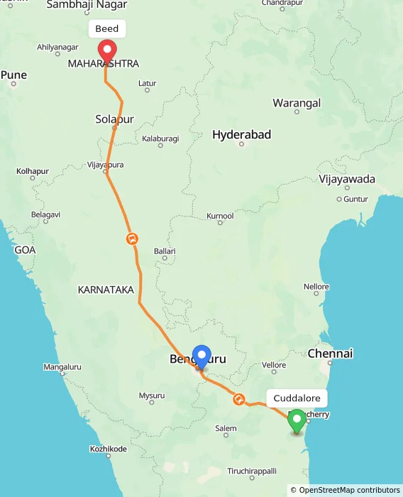 Route map showing distance and travel time from Cuddalore, India to Beed, India