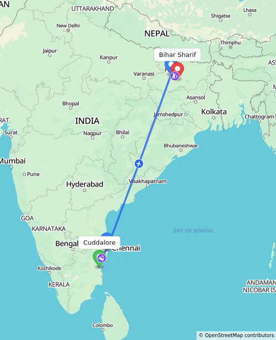 Route map showing distance and travel time from Cuddalore, India to Bihar Sharif, India