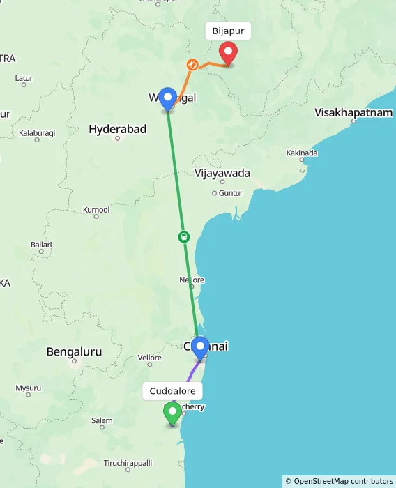Route map showing distance and travel time from Cuddalore, India to Bijapur, India