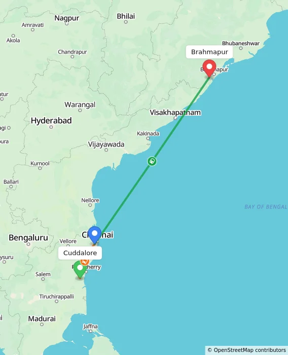 Route map showing distance and travel time from Cuddalore, India to Brahmapur, India