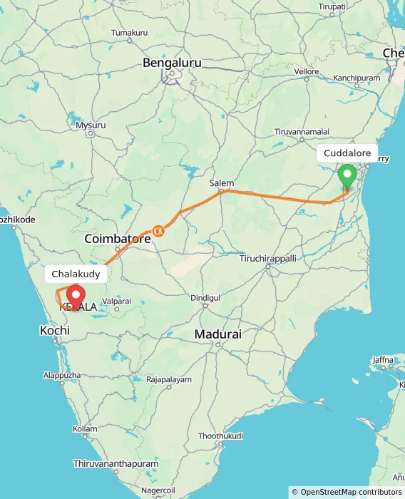 Route map showing distance and travel time from Cuddalore, India to Chalakudy, India