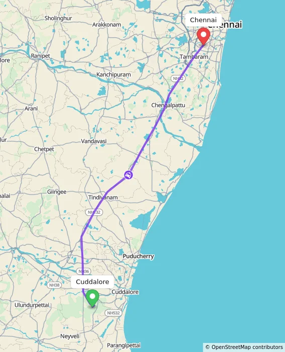 Route map showing distance and travel time from Cuddalore, India to Chennai, India