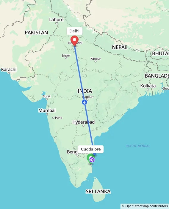 Route map showing distance and travel time from Cuddalore, India to Delhi, India