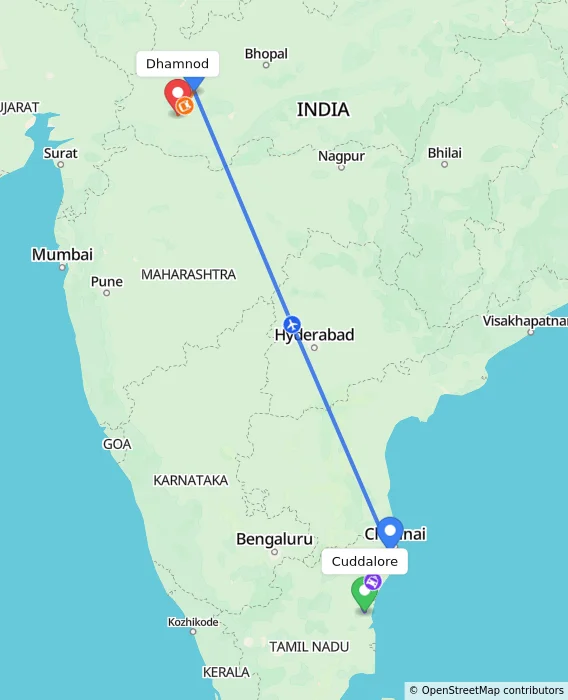Route map showing distance and travel time from Cuddalore, India to Dhamnod, India