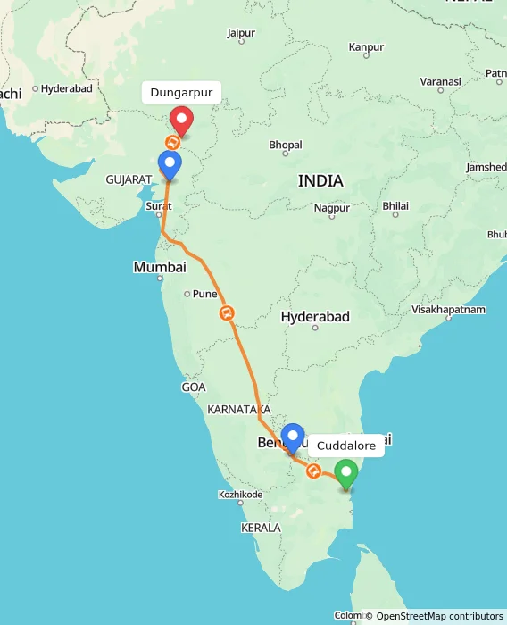 Route map showing distance and travel time from Cuddalore, India to Dungarpur, India