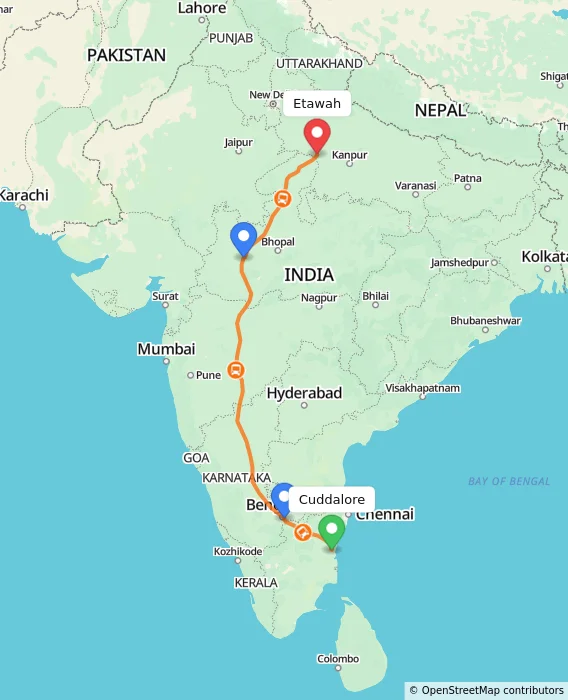 Route map showing distance and travel time from Cuddalore, India to Etawah, India