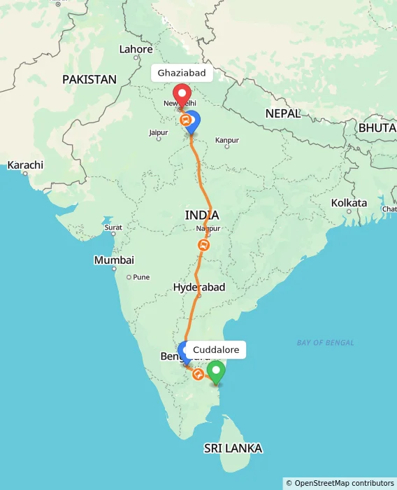 Route map showing distance and travel time from Cuddalore, India to Ghaziabad, India