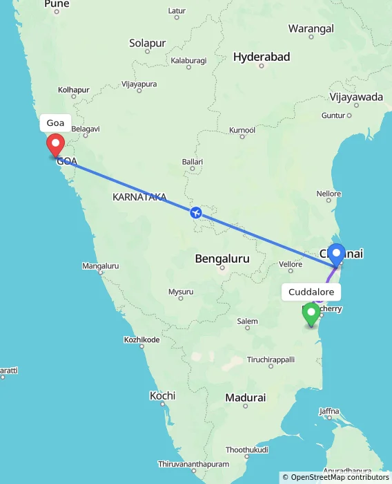 Route map showing distance and travel time from Cuddalore, India to Goa, India