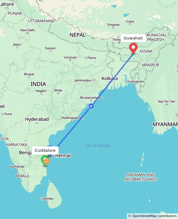Route map showing distance and travel time from Cuddalore, India to Guwahati, India