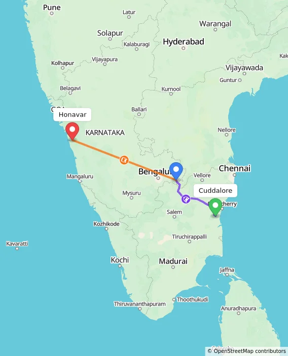 Route map showing distance and travel time from Cuddalore, India to Honavar, India