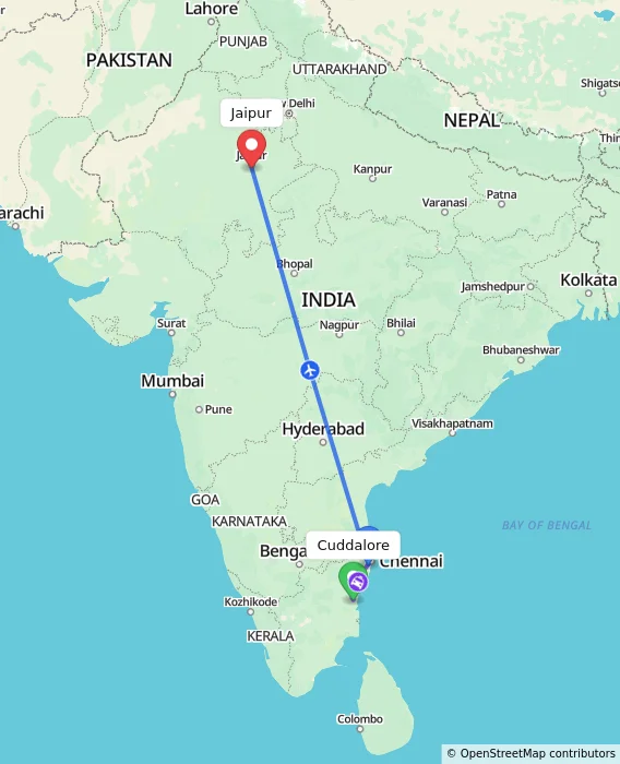Route map showing distance and travel time from Cuddalore, India to Jaipur, India