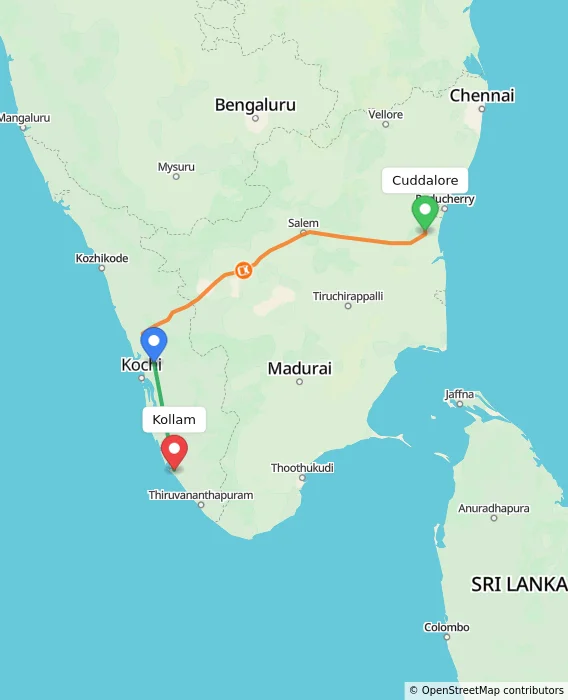 Route map showing distance and travel time from Cuddalore, India to Kollam, India