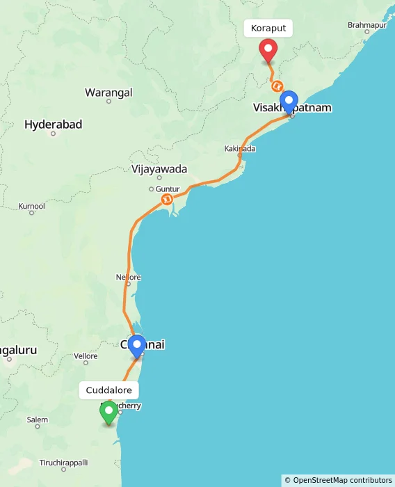 Route map showing distance and travel time from Cuddalore, India to Koraput, India