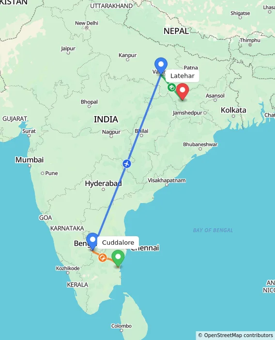 Route map showing distance and travel time from Cuddalore, India to Latehar, India