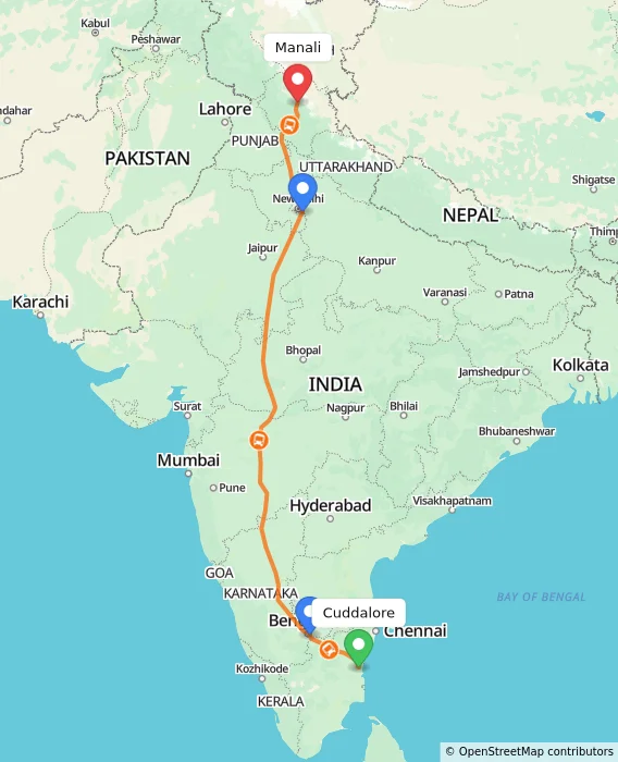Route map showing distance and travel time from Cuddalore, India to Manali, India