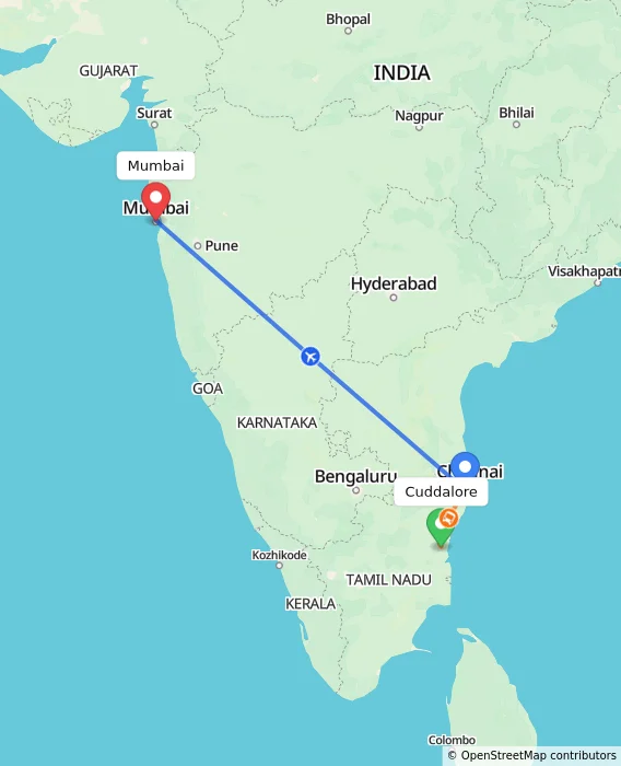 Route map showing distance and travel time from Cuddalore, India to Mumbai, India