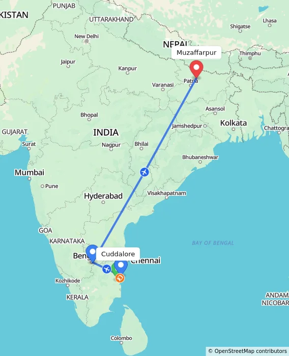 Route map showing distance and travel time from Cuddalore, India to Muzaffarpur, India