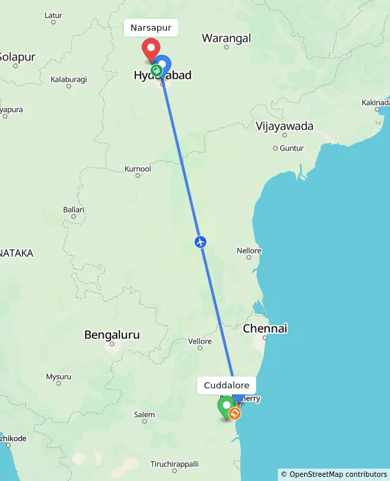 Route map showing distance and travel time from Cuddalore, India to Narsapur, India