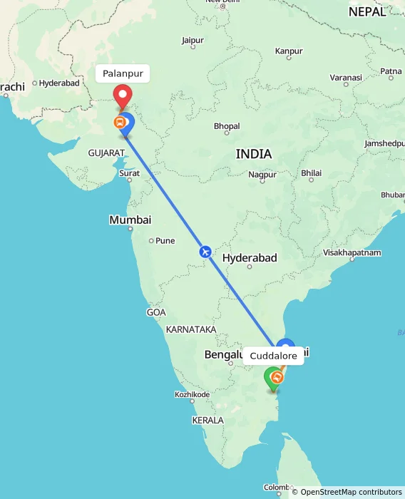Route map showing distance and travel time from Cuddalore, India to Palanpur, India