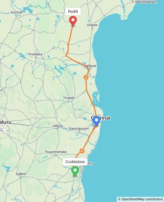 Route map showing distance and travel time from Cuddalore, India to Podili, India