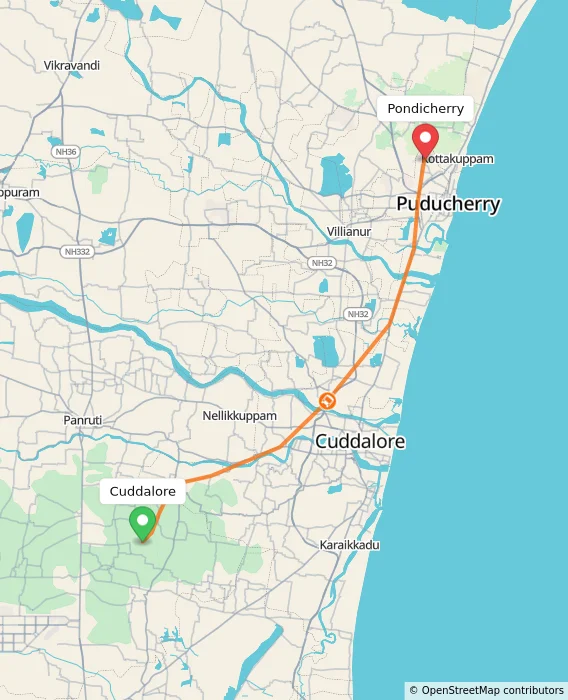 Route map showing distance and travel time from Cuddalore, India to Pondicherry, India