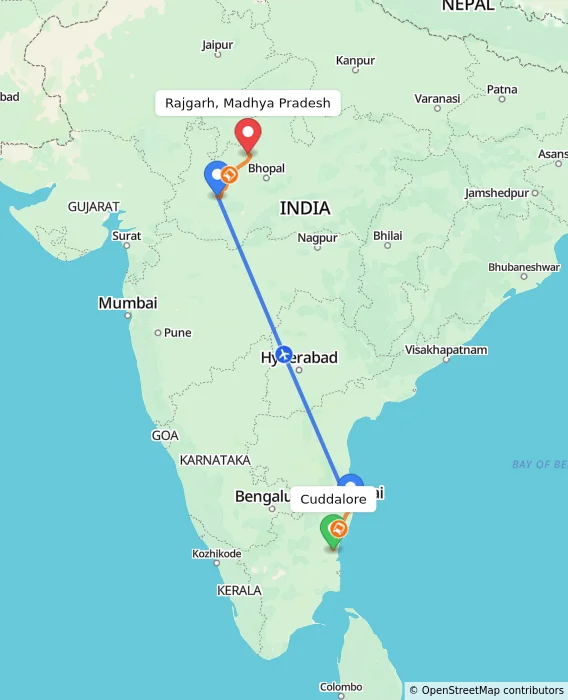 Route map showing distance and travel time from Cuddalore, India to Rajgarh, Madhya Pradesh, India