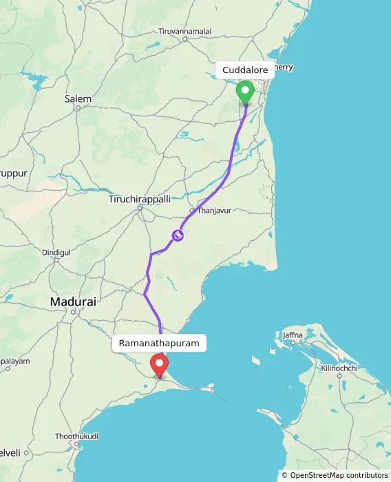 Route map showing distance and travel time from Cuddalore, India to Ramanathapuram, India