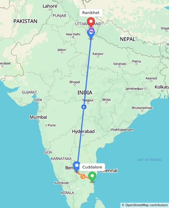 Route map showing distance and travel time from Cuddalore, India to Ranikhet, India