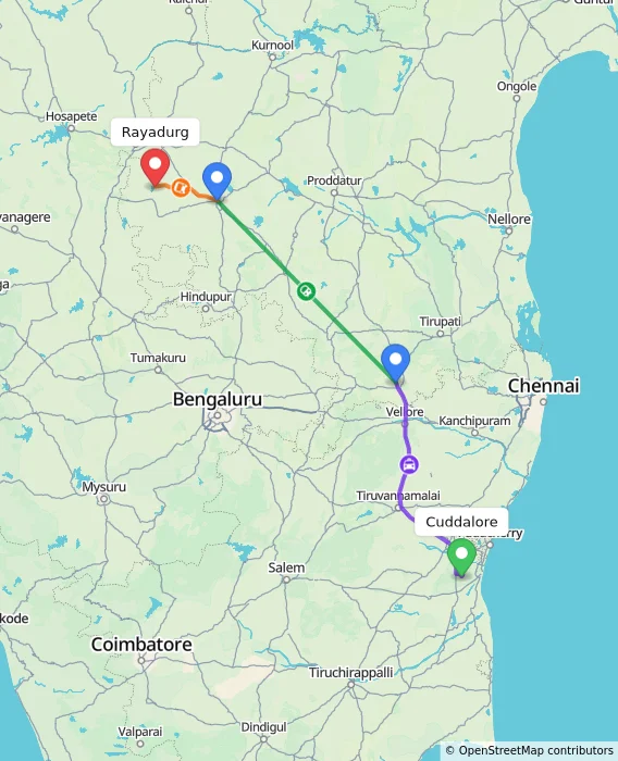 Route map showing distance and travel time from Cuddalore, India to Rayadurg, India