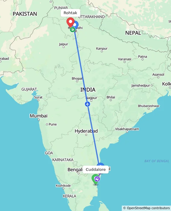 Route map showing distance and travel time from Cuddalore, India to Rohtak, India
