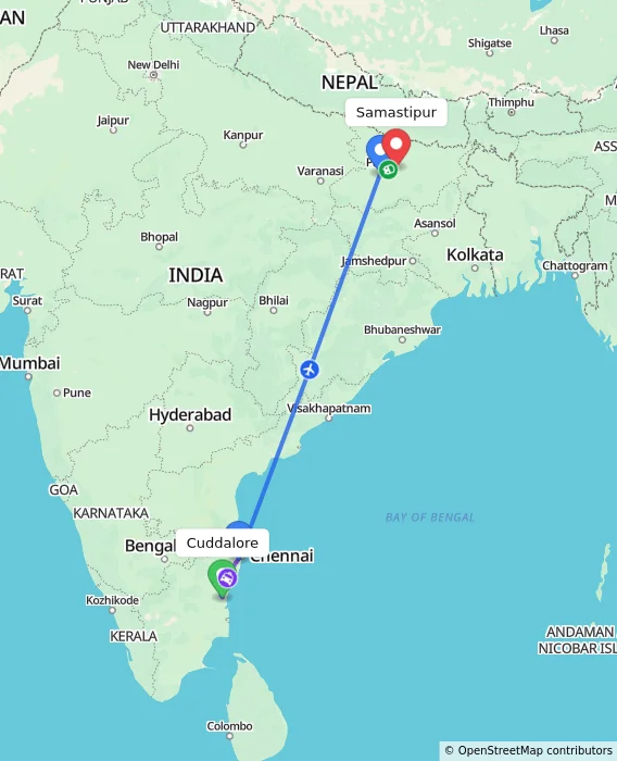 Route map showing distance and travel time from Cuddalore, India to Samastipur, India